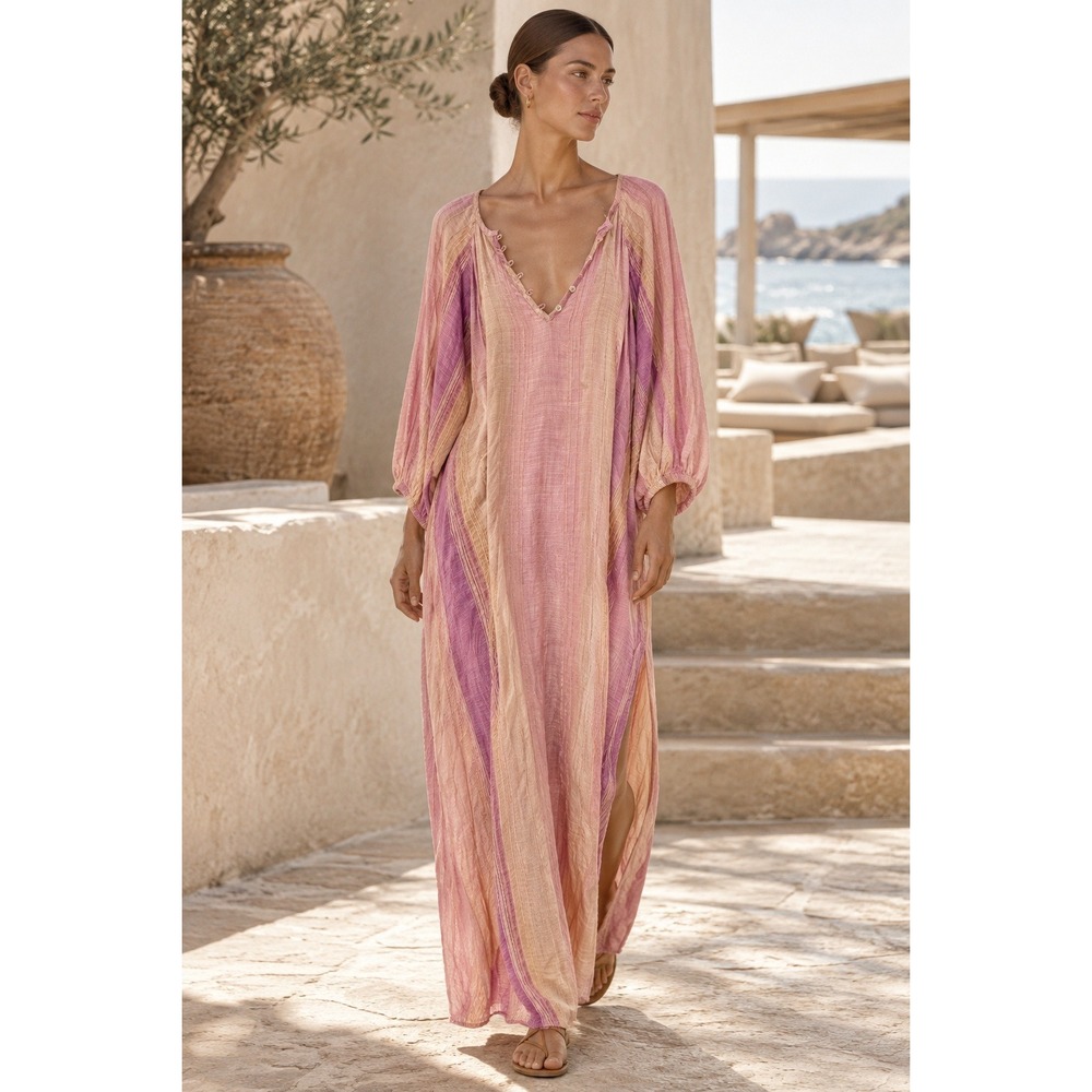 L*Space Cassia Maxi Dress M/L Pink Striped Boho Beach Cover Up Resort Cruise